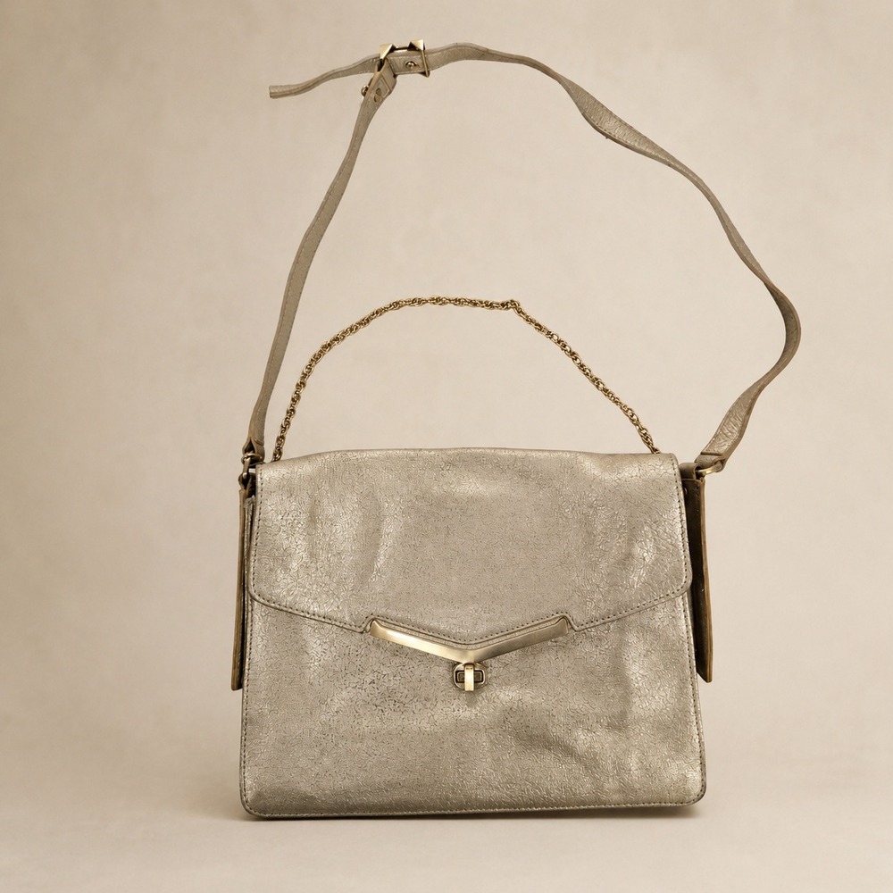 Botkier Metallic Champagne Leather Crossbody Bag Chain Handle Turnlock Closure